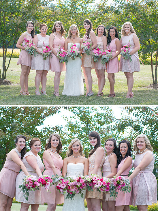 bridesmaids in shades of pink dresses