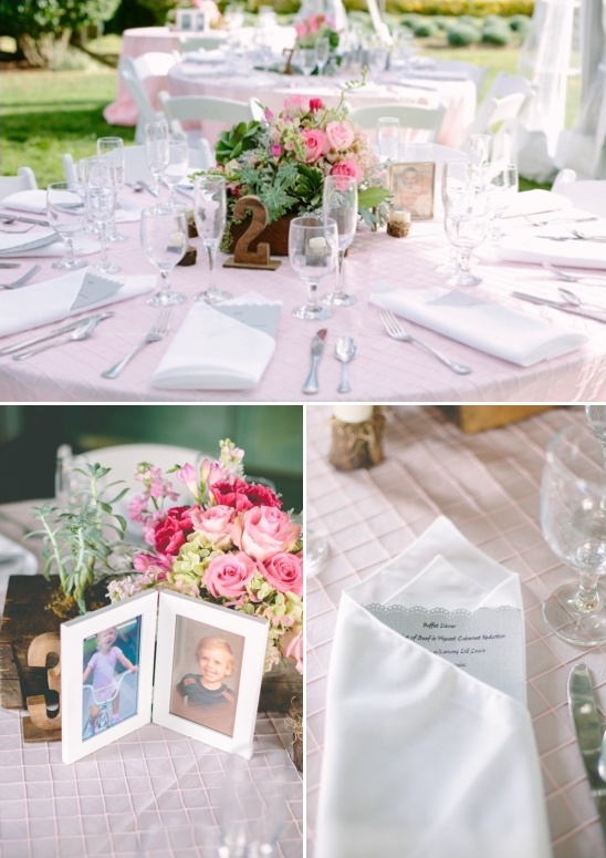 pink table settings with photos of the bride and groom at each table