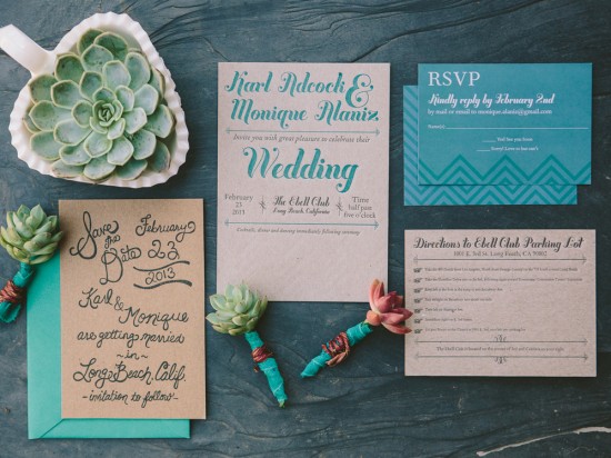 Monique & Karl Teal and Chipboard Letterpress Wedding Invitation Suite