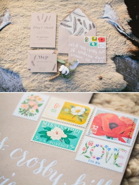 feather wedding stationery with vintage stamps