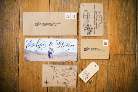 Wedding stationery suite with rustic invitation design