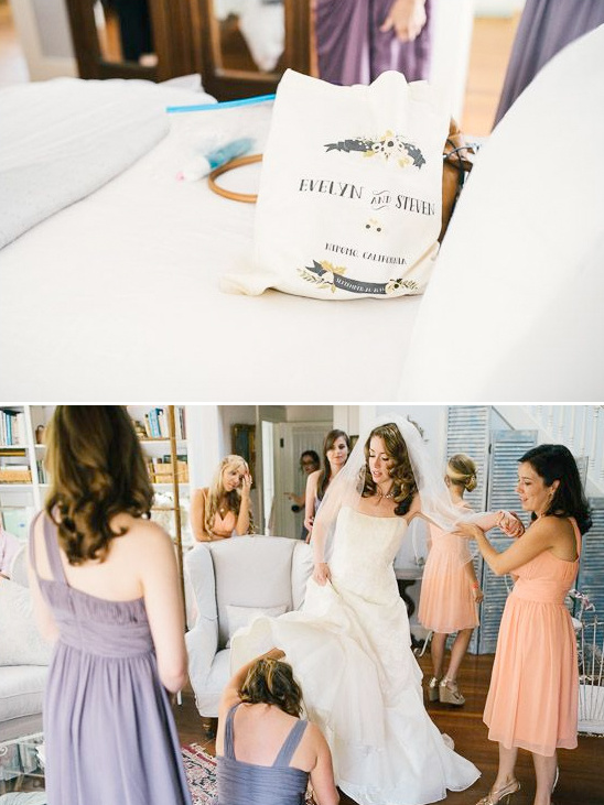 Bride getting ready with bridesmaids on wedding day