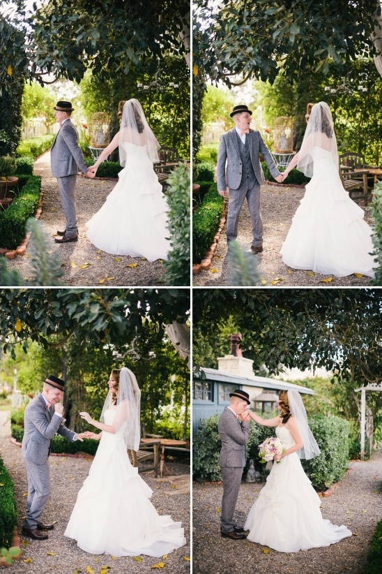 Bride and groom in garden wedding photos