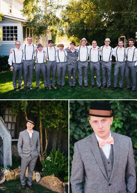 Groomsmen in vintage suits and hats at a wedding party