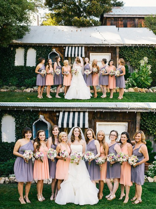 Bride with bridesmaids in lavender and peach dresses