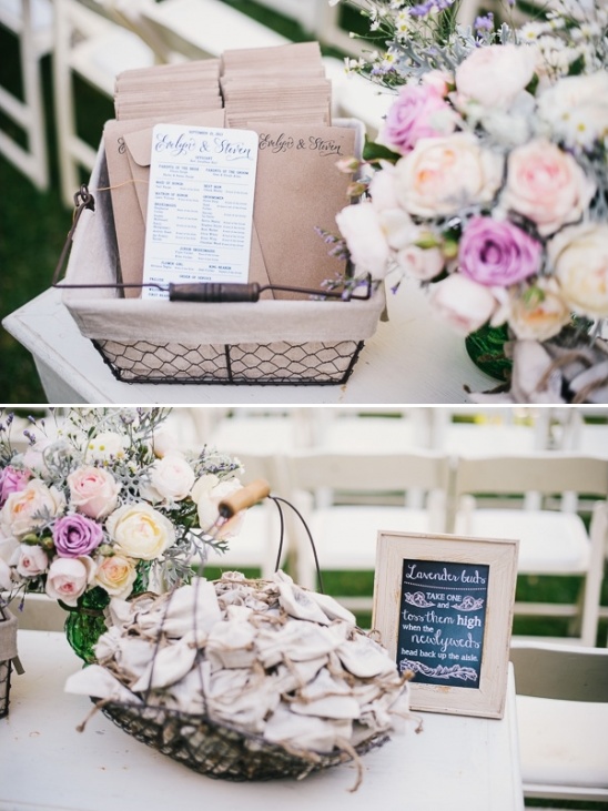 Wedding program and lavender toss at a charming ceremony