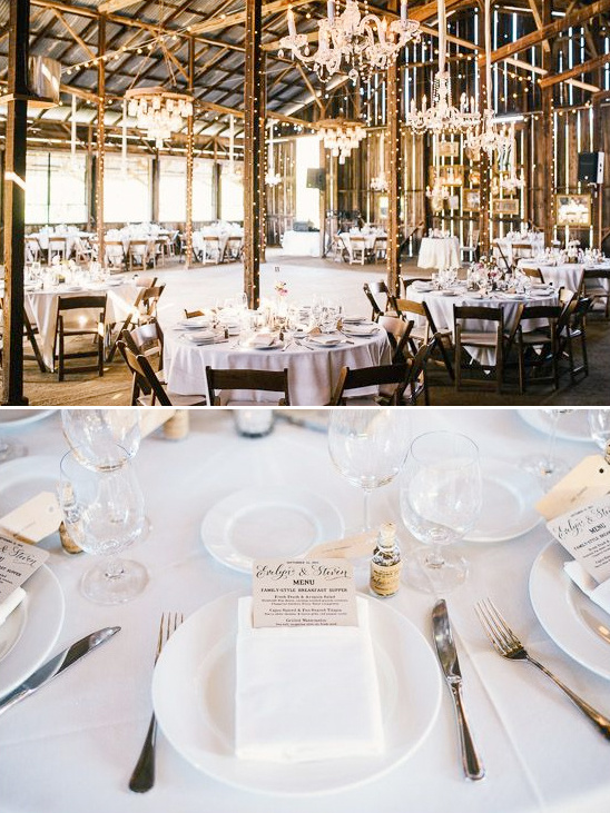 Rustic barn wedding reception tablescape