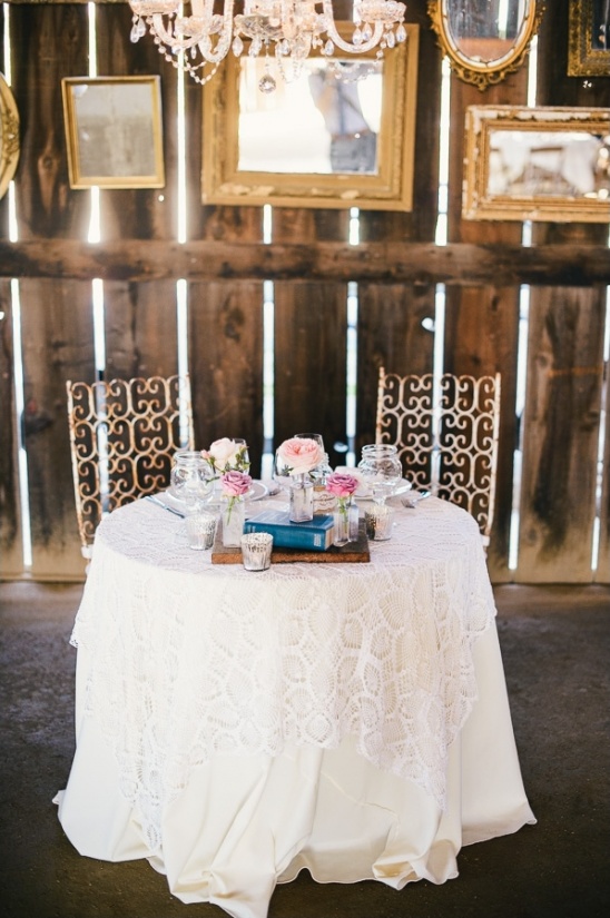 Romantic rustic wedding table setting with lace tablecloth