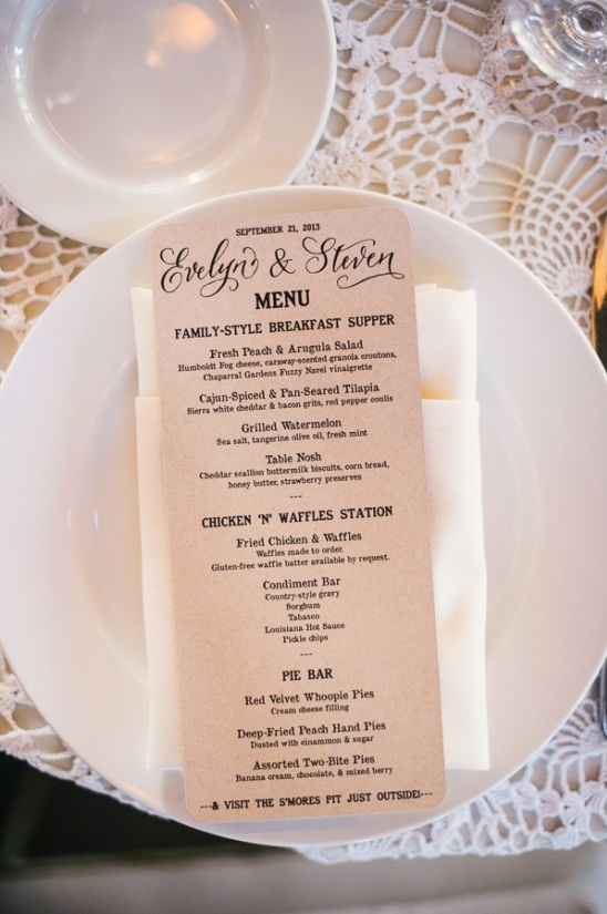 Wedding breakfast menu: Tilapia, waffles, pies, s'mores
