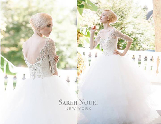 Elegant bride wearing Sareh Nouri wedding dress with beaded sleeves