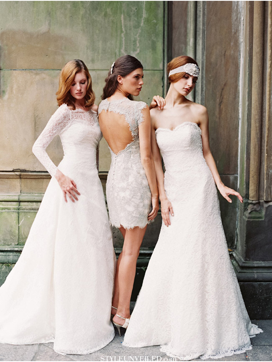 Three elegant brides in different lace wedding gowns