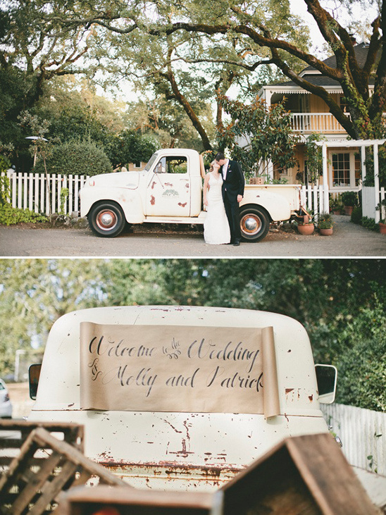 vintage getaway truck with wedding sign