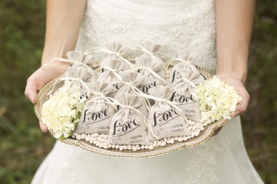 Small burlap bags with love message