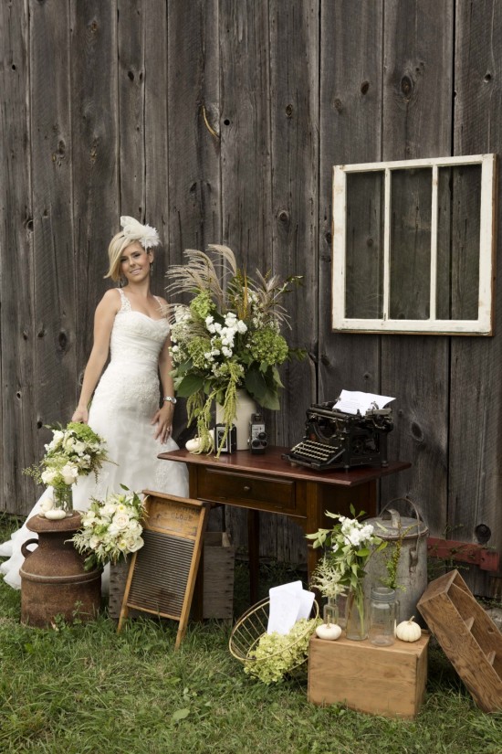 Rustic wedding bride in lace gown