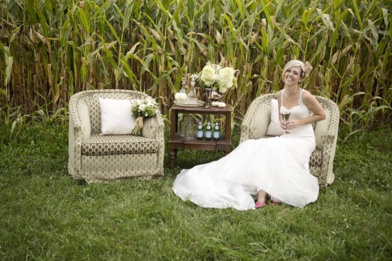 Bride in white dress cornfield setting