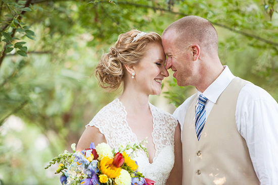 Bride and groom forehead to forehead at wedding