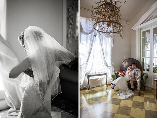 Bride getting ready and couple relaxing on couch