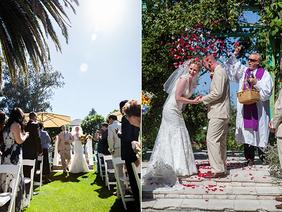 Outdoor wedding ceremony bride groom and rose petal blessing