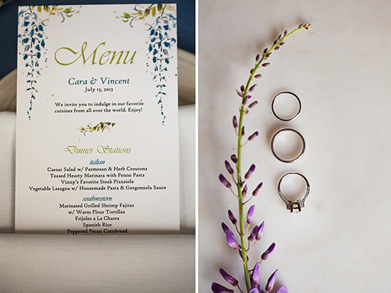 Wedding menu and rings on a floral background