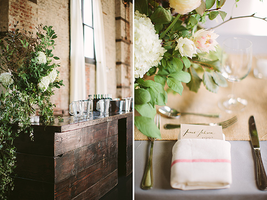 Rustic wedding bar and floral centerpiece