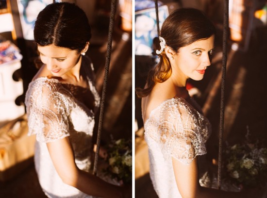 Elegant bride in lace dress with vintage hair style
