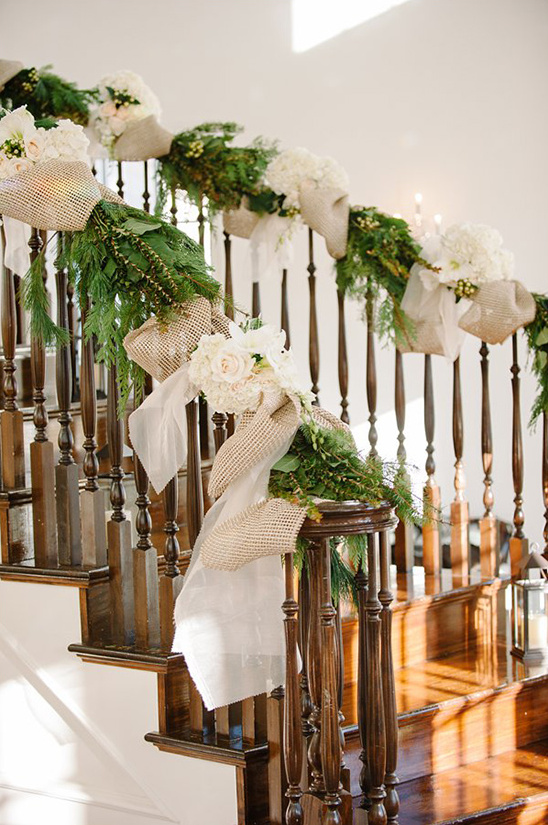 floral and burlap decorated wedding staircase