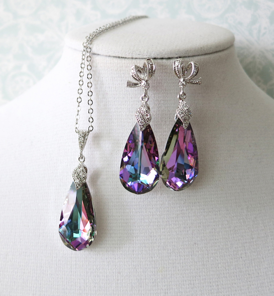 Elegant purple crystal necklace and earrings jewelry set