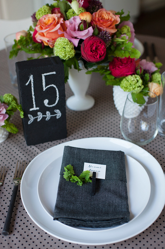 DIY chalkboard brick table number and clothes pin place card