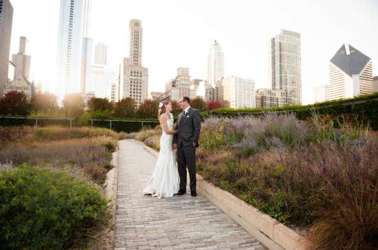 Bride and groom on rooftop garden wedding in Chicago