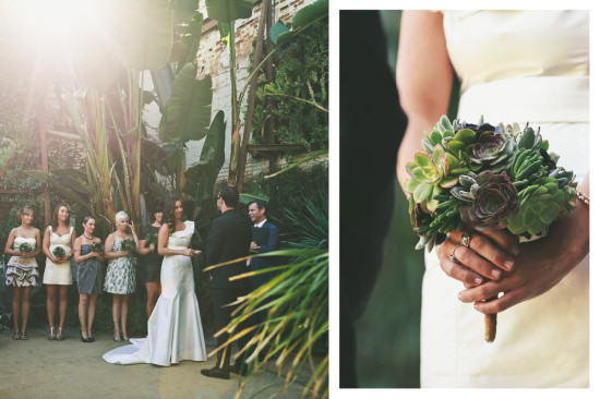 Outdoor wedding with bridesmaids and succulent bouquet