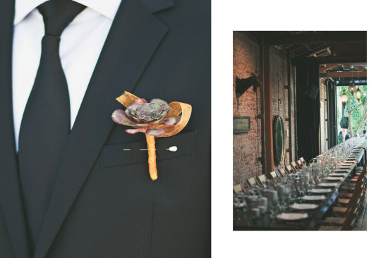 Groom in suit with succulent boutonniere wedding reception