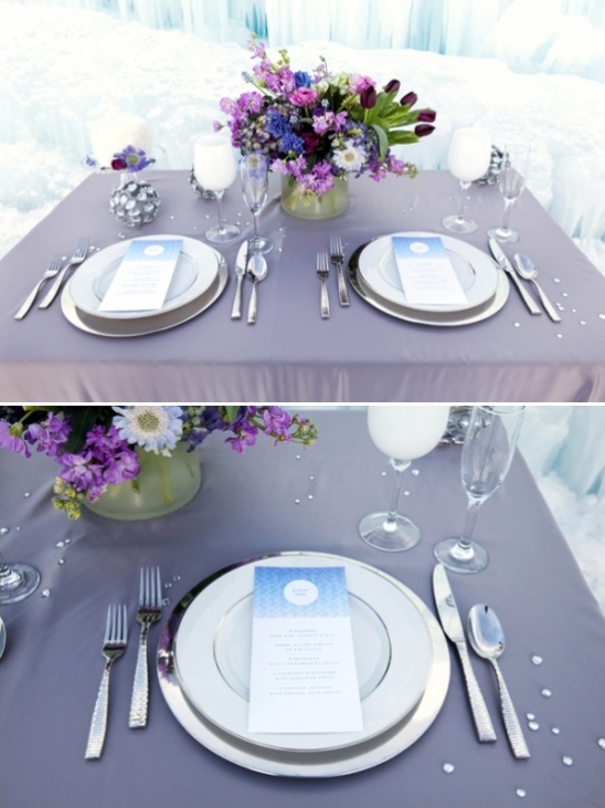 Elegant purple and silver wedding table setting