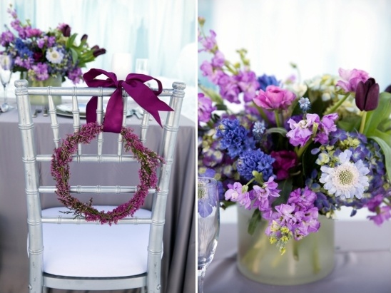 Purple wedding chair decor with floral wreath and ribbon