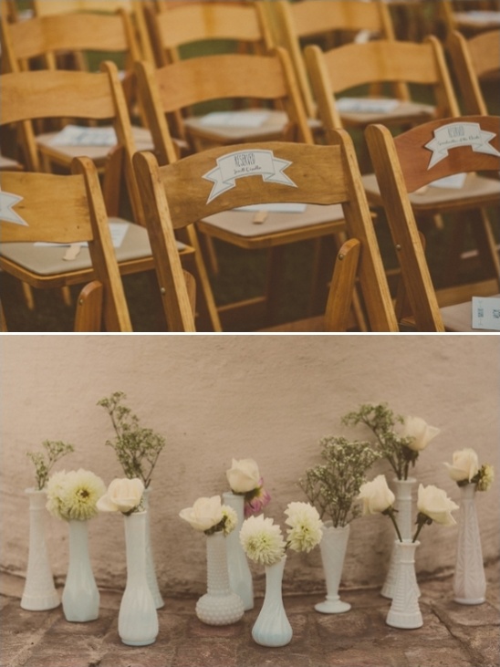 fun reserved seat signs and milk glass ceremony centerpieces