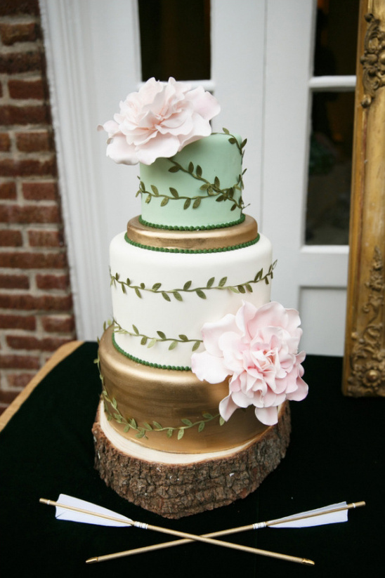 gold white and mint vine wrapped wedding cake