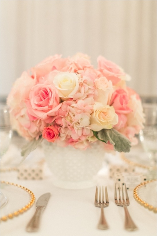 white and pink milk glass floral centerpiece