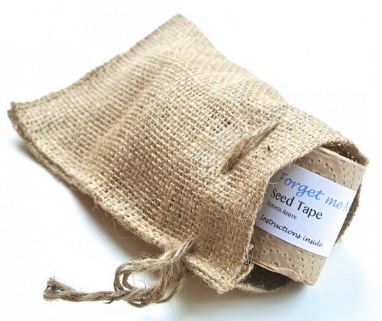 Burlap bag with forget me seed tape