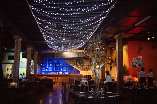 Elegant wedding venue with string lights and decor