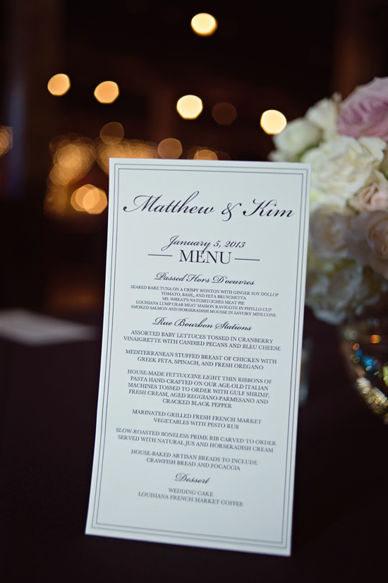 Elegant wedding menu card Matthew and Kim January 5, 2013