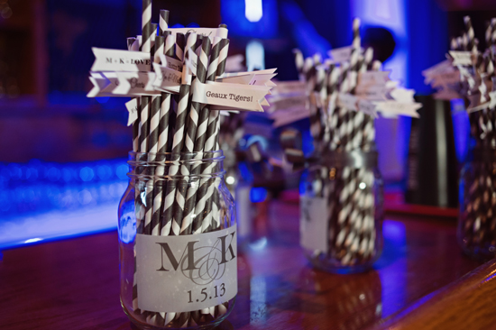 Striped straws in mason jars wedding favors Geaux Tigers