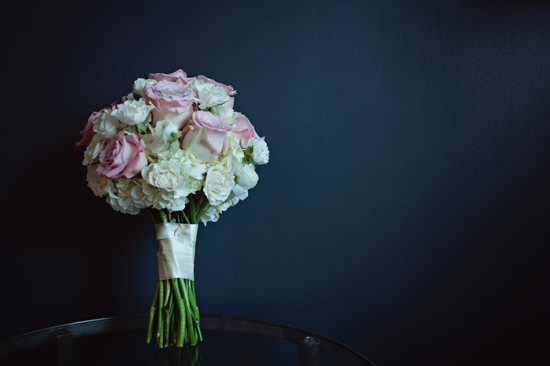 Elegant pink rose and white hydrangea bridal bouquet