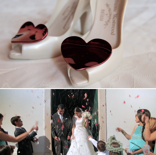 Wedding shoes with heart details and couple exit ceremony with confetti