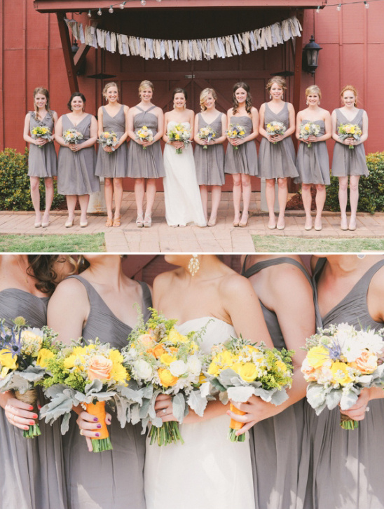 gray bridesmaids dresses with yellow wedding bouquets