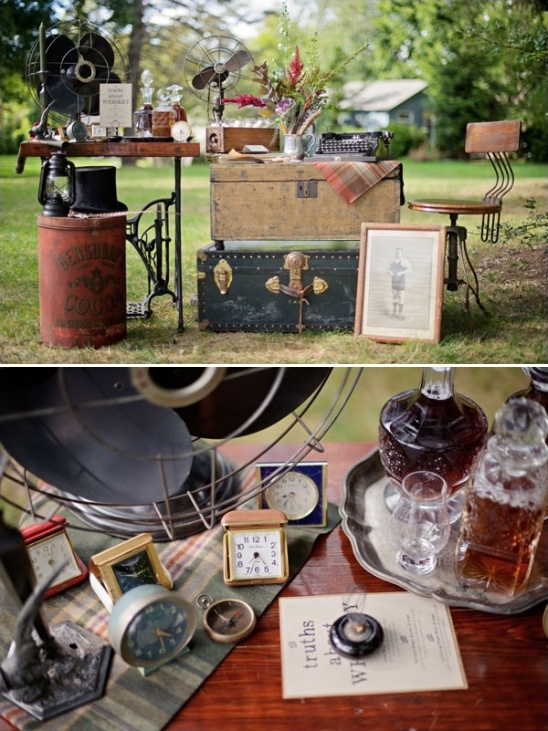 vintage whiskey and guestbook table