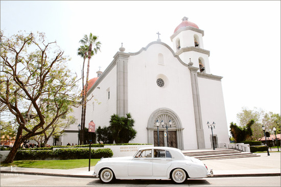 Historic San Juan Capistrano Mission classic white car