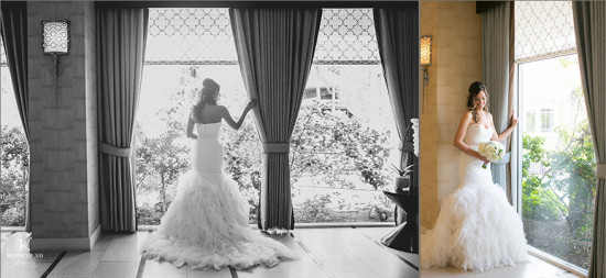 Elegant bride in white wedding dress posing by window