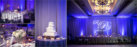 Elegant wedding reception venue with blue lighting