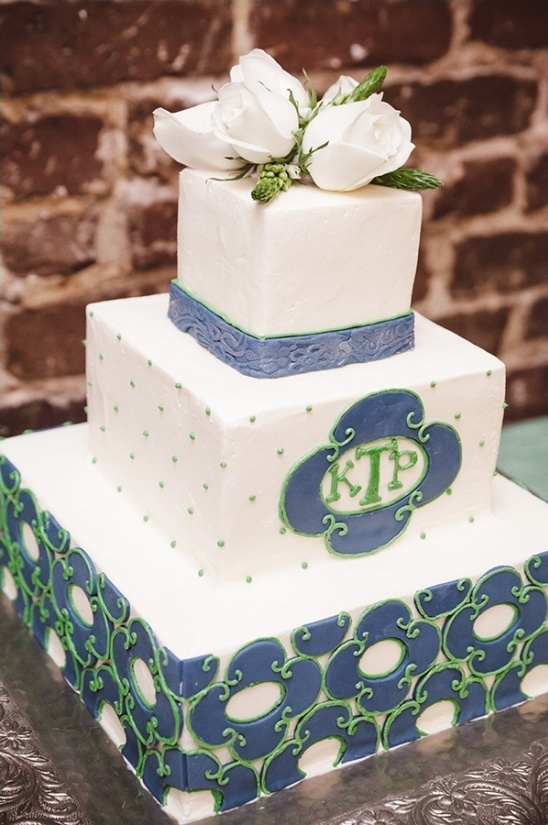 blue and green square tiered wedding cake