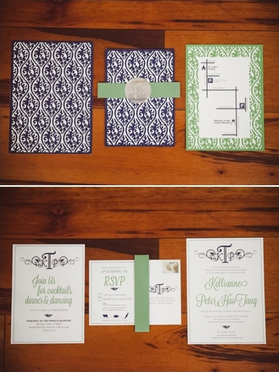 green and navy wedding stationery
