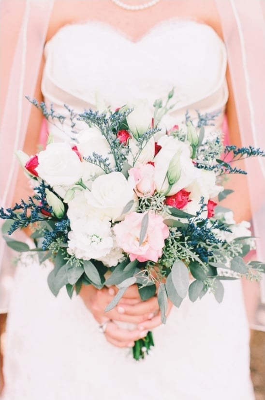 pink blue and white wedding bouquet